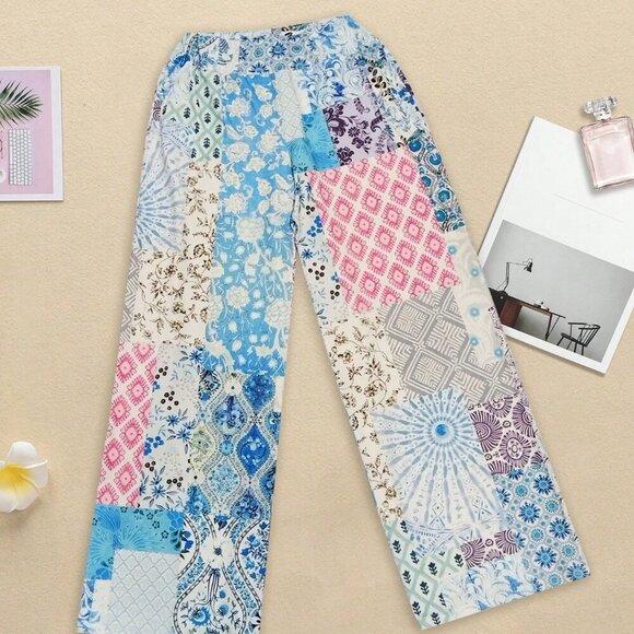 Blue Bohemian Women's Floral Print Ditsy Patchwork High Waist Loose Pants - Picture 3 of 4
